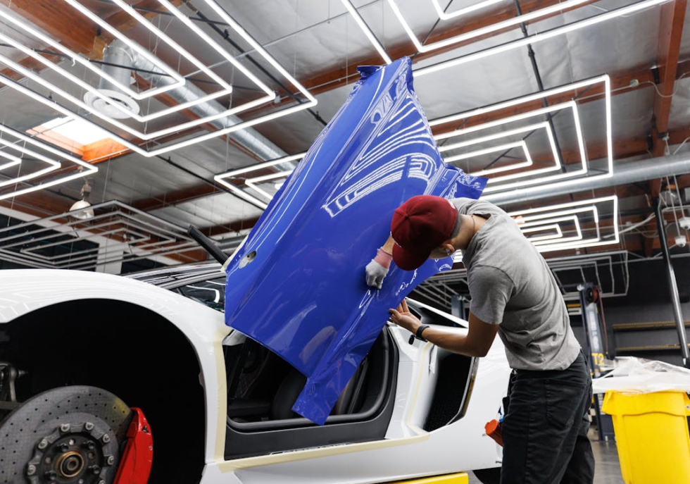 vinyl car wrap application blue car