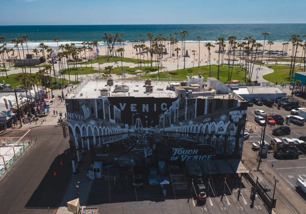 aerial view venice beach storefronts california